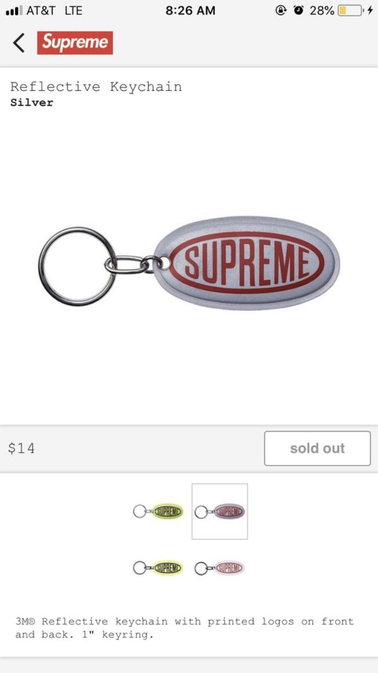 Supreme reflective logo keychain in silver and red deadstock