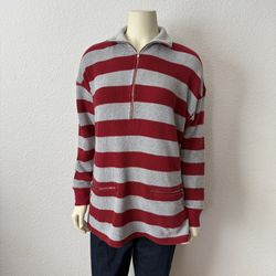 Jones New York Sport red and white striped quarter-zip sweater.