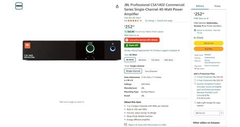 JBL Professional CSA140Z Commercial Series Single-Channel 40-Watt Power Amplifier