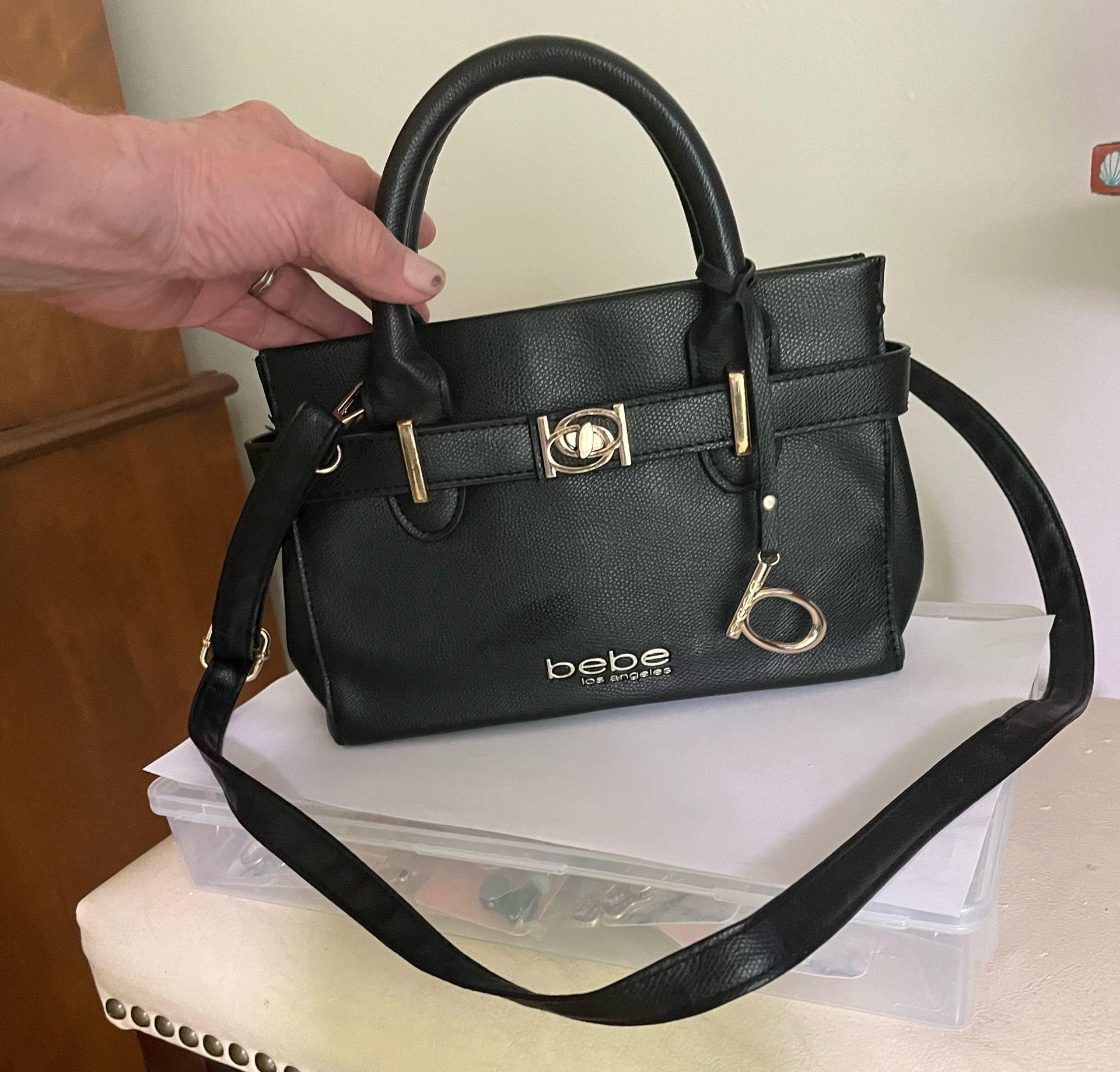 Bebe Evie Small Black Satchel With Gold Tone Hardware