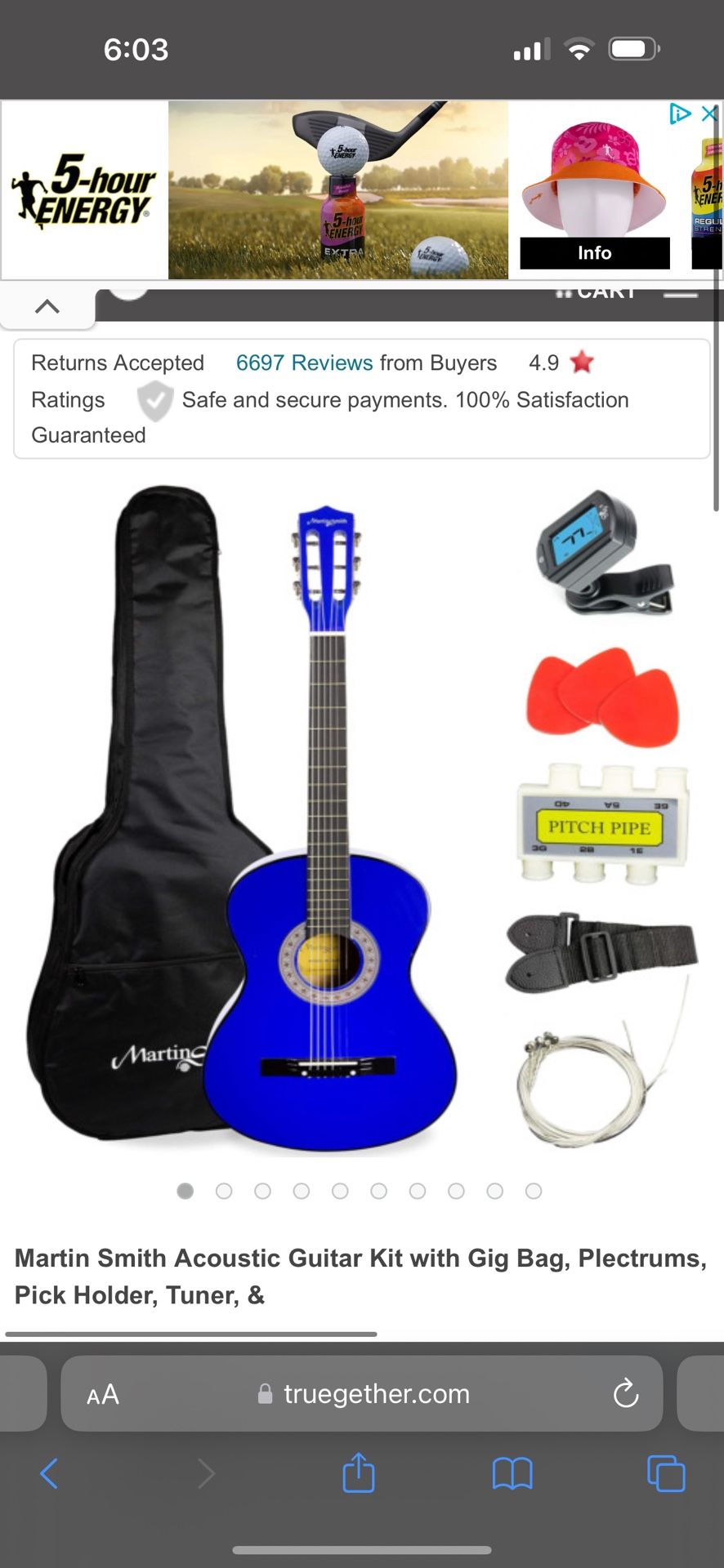 Martin Smith Acoustic Guitar Kit With Gig Bag, Plectrums, Pick Holder, Tuner, Strap & Spare Strings 6 Pack, Right, Blue (W-38-BL) Blue Acoustic Guitar