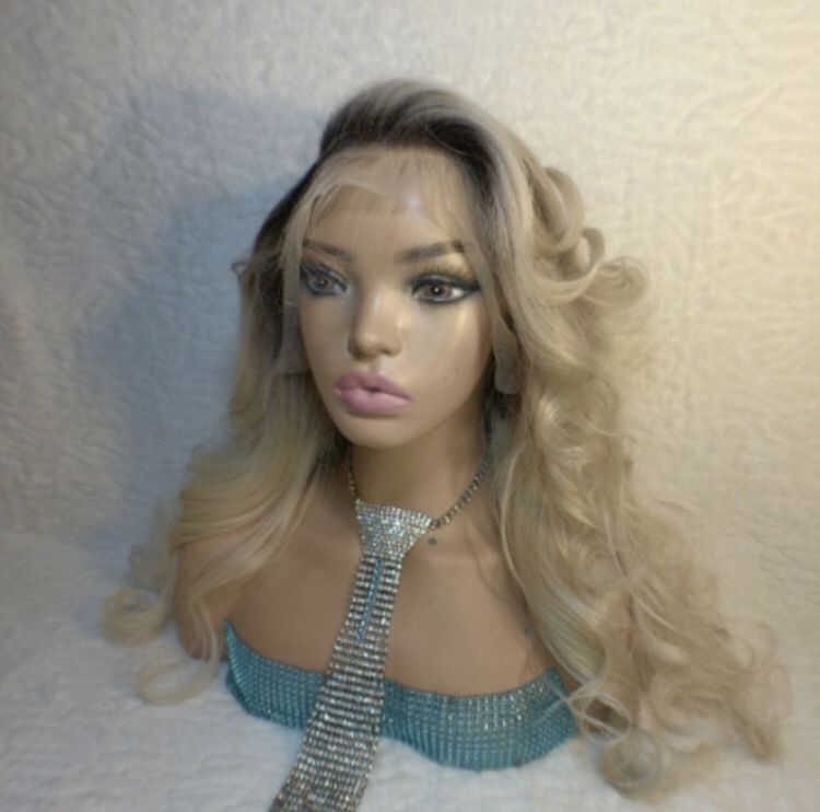 20 Inch Deluxe Realistic Lace Front Wig Blonde with Dark Brown Roots