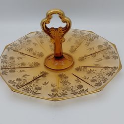 Gorgeous Cambridge Decagon Depression Glass Cake/ Sandwich  Tray With Floral Etchings