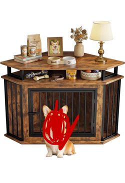 IRONCK 43.3" Corner Dog Crate Furniture with 2-Tier Shelves Rustic Brown