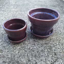 Pretty Purple Ceramic Glazed Pots w Saucers