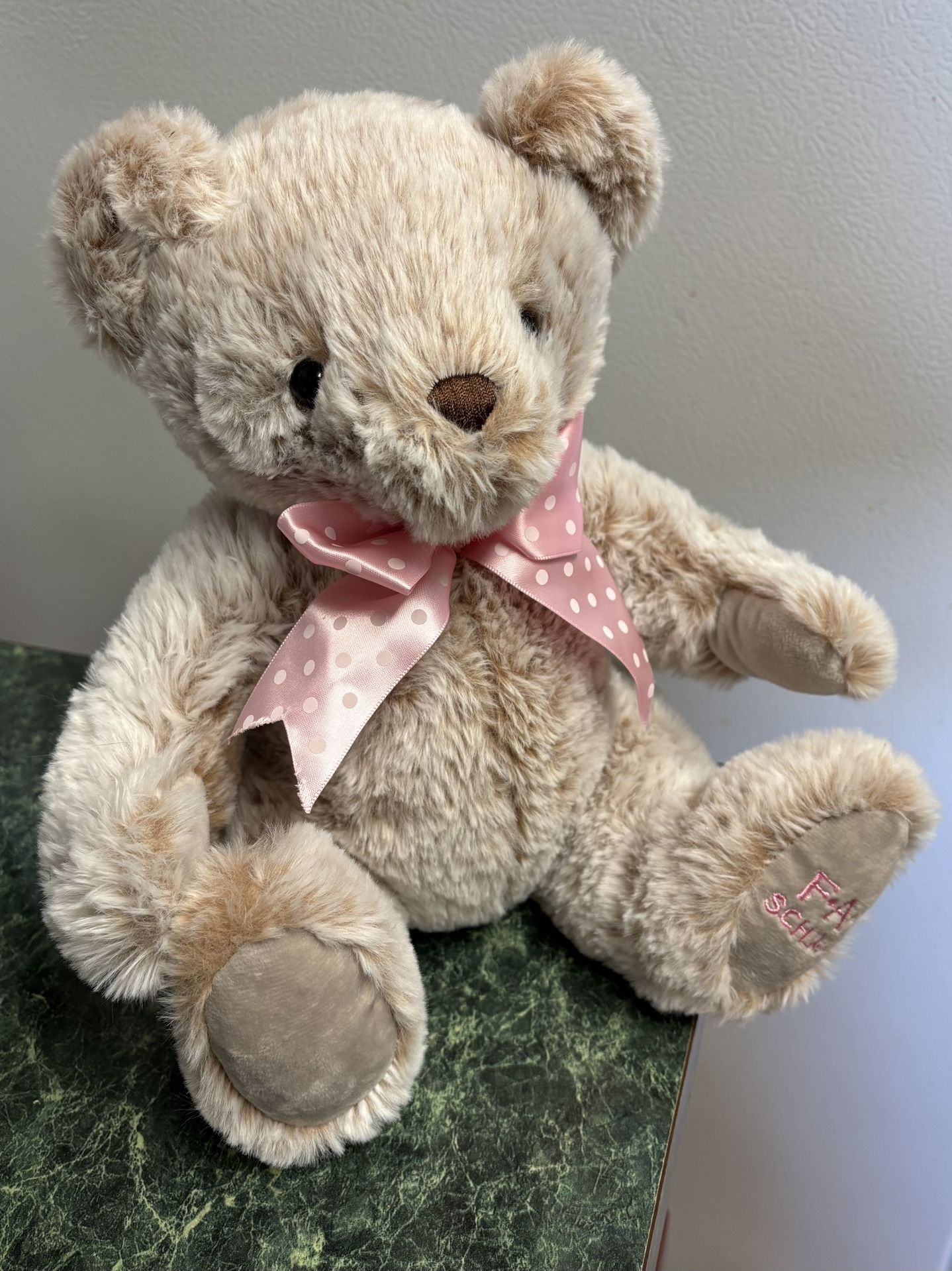 FAO Schwarz Beanbag Plushie Teddy Bear 10" Plush Brown Tan Pink Polka Dot Bow