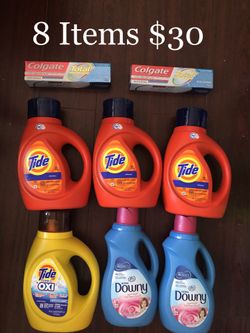 4 Tide; 2 Downy; 1 Toothpastes: 8 Items $30