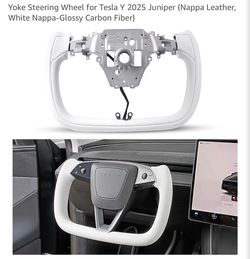 Yoke Steering Wheel for Tesla Y 2025 Juniper (Nappa Leather, White Nappa-Glossy Carbon Fiber)