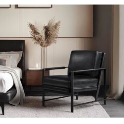 PU Leather Armchair, Retro Leisure Accent Chair with Extra Soft Padded and Cushion, Modern Reading Arm Chair with Black Metal Frame for Living Room/Of