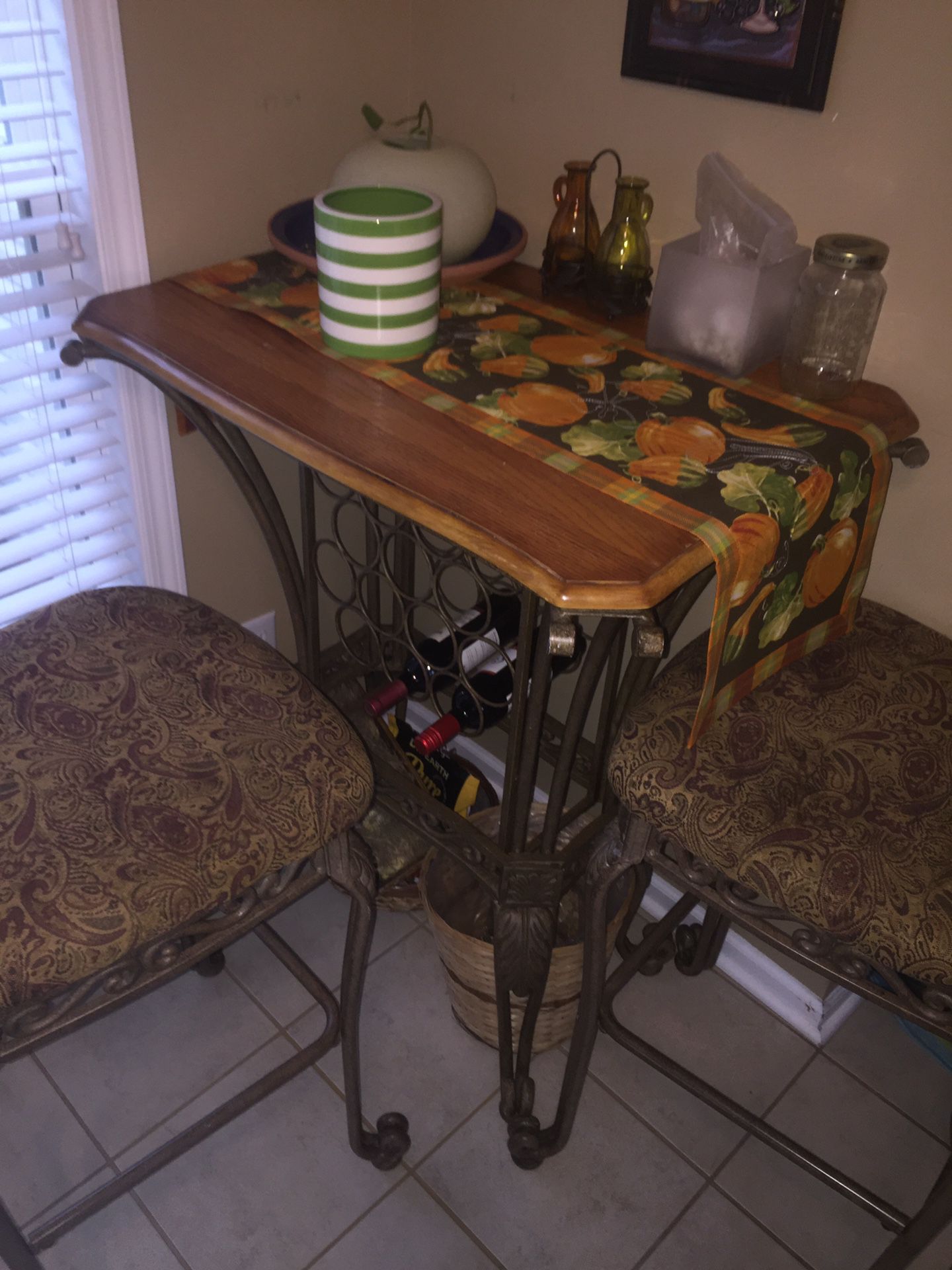 Antique Bar table with bottle holders and 2 chairs