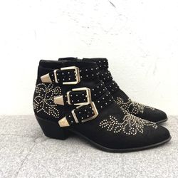 TOPSHOP Black Suede Triple Buckle, Gold, Studded Ankle Heel Boots 37 / 7