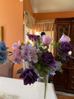 Glass vase 20" with purple flowers
