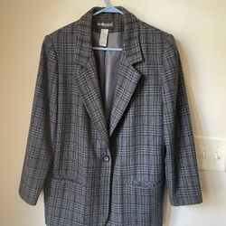 Sag Harbor Women's Gray Plaid Wool Blend One Button Lined Blazer Jacket Size 14