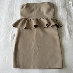 ✨ Nude Strapless Peplum Mini Dress with Built-In Padded Bra | Sculpted Bodycon Fit Small✨