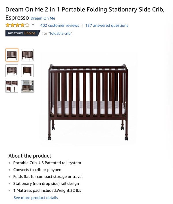 Dream On Me 2 In 1 Portable Folding Stationary Side Crib Espresso