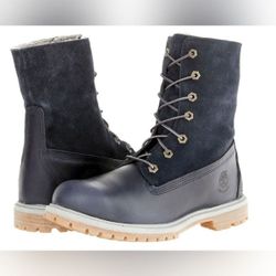 Timberland Teddy Fleece Navy Blue Fleece Fold Waterproof Women Boots 7.5