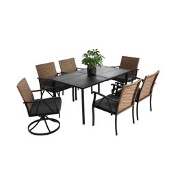 7-Piece Outdoor Patio Dining Set, 59" Rectangular Table and 6 Wicker Swivel Chairs with Armrests and Cushions, Weatherproof Dining Furniture Set for G