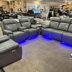 3Pcs Grey Leather Power Recliner Set w/ Leds ( Sofa, Loveseat, Chair) Dropped Down From $4097 To $2999
