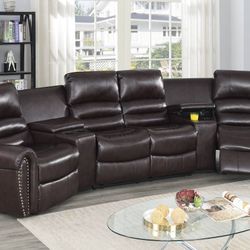 Brand New Brown Leather Reclining Sectional Sofa 
