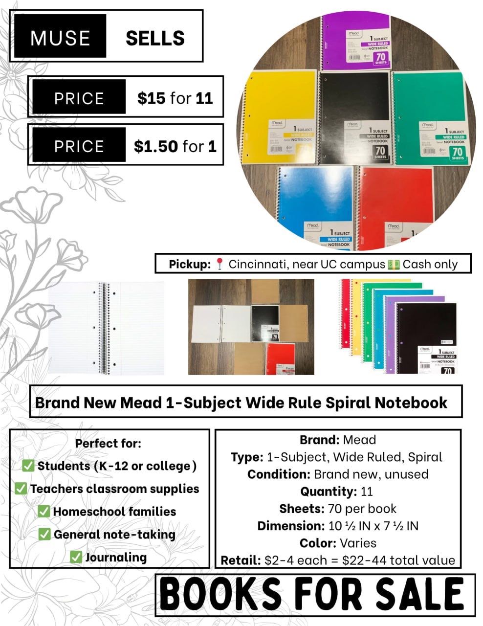 Brand New Mead 1-Subject Wide Rule Spiral Notebook