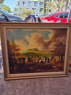 Large oil painting on canvas depicting a classic equestrian scene, in the English style of the 18th and 19th centuries.
