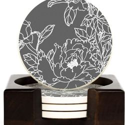 Gramercy Kitchen Company Coaster Set of 4 with Holder - Stone Drink Coasters Set, Peony. Absorbent with Beautiful Wood Holder - Made of Ceramic 