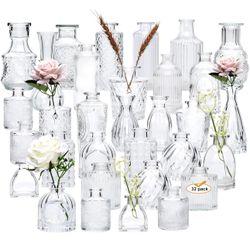 Bud Vases for Flowers, Small Vintage Glass Bottles for Rustic Wedding Centerpieces and Home Decor 
