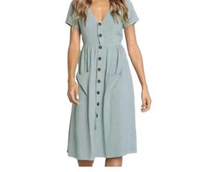 Spring Summer Women's Short Sleeve Dress Deep V- v Neck Front Button Fashion Elegant MIDI Linen Dress f...
