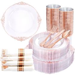 350PCS Rose Gold Plastic Plates - Clear Rose Gold Disposable Plates for 50Guests - 50Dinner Plates, 50Dessert Plates, 150Rose Gold Silverware, 50Cups,