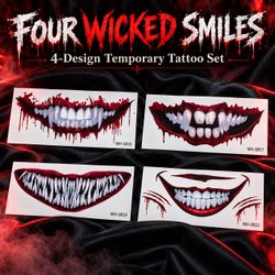Four Wicked Smiles Temporary Tattoo Set – 4 Creepy Grin Designs