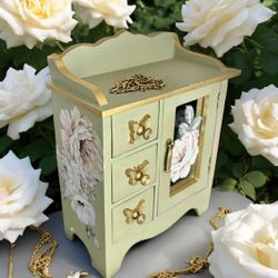 Sage Green And Gold Painted Vintage Jewelry Box