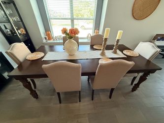 Dark Wood Dining Table with 6 Upholstered Chairs