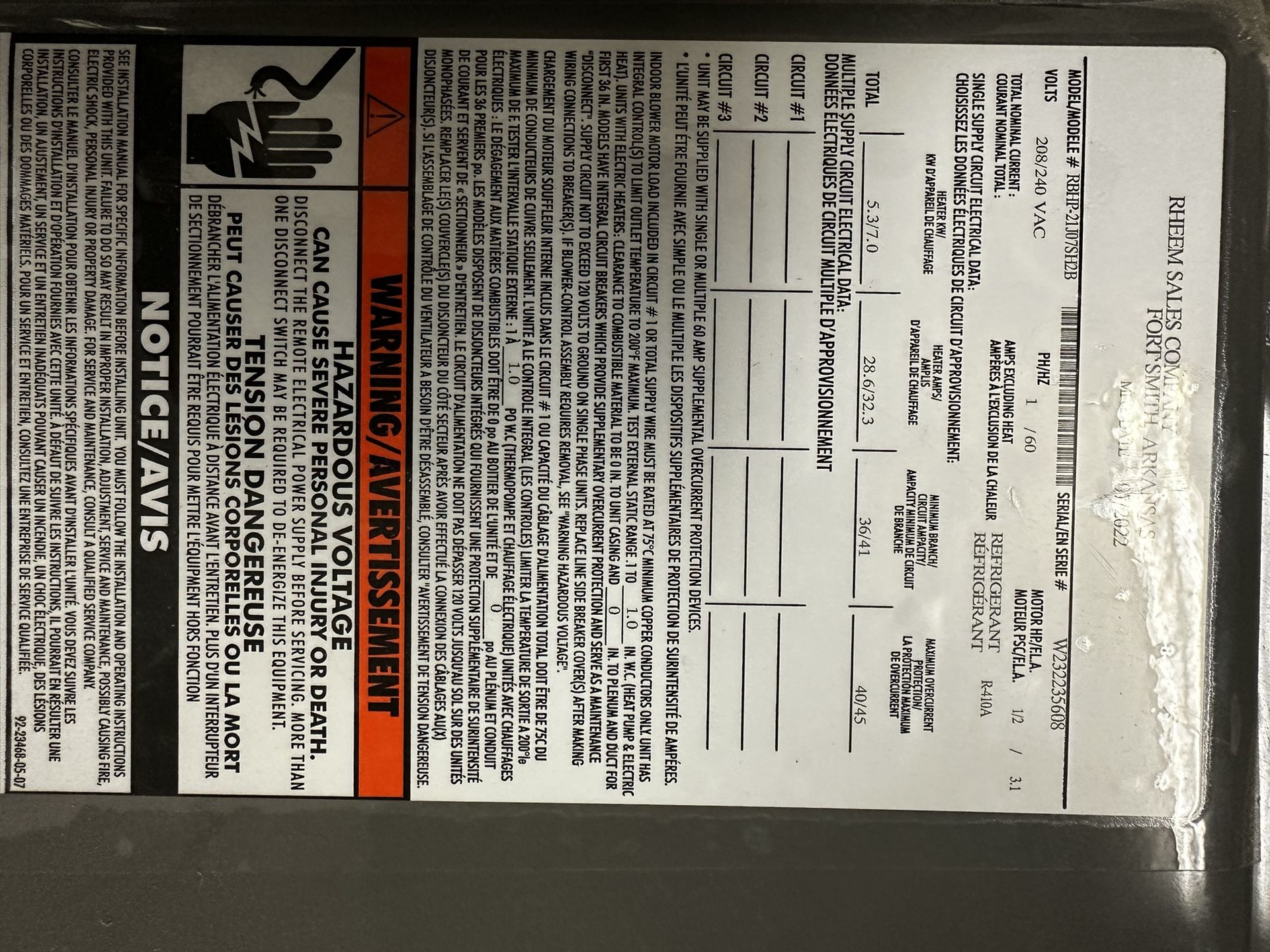 Rheem 2.5 Ton Condenser 3.0 Ton Air Handle 