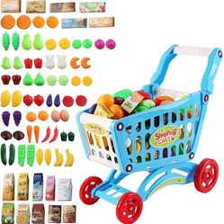 deAO Kids Shopping Cart Trolley Play Set Includes 78 Grocery Food Fruit Vegetables Shop Accessories (Blue)