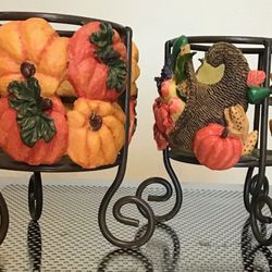 Autumn pumpkin and gourd candle holders wrought iron frame