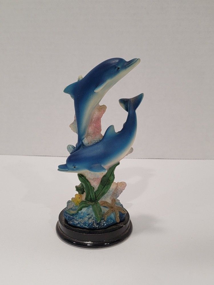 Decorative Dolphins Swimming Dancing Waves Teal Blue Statue 5” Tall
