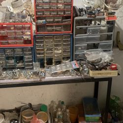 Hardware Organizer Drawers Full Of Nuts Washers Bolts Screws And Custom Made Steel Stand 