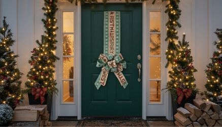 Festive green and red holiday Double swag bow with lights