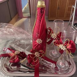 Quinceañera New 15 Cake Cutter+ Knife, Champagne  Set, Silver Plated base 