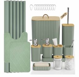 Bathroom Accessory Set 25PC Shower Curtain Rugs Trash Can Dispenser