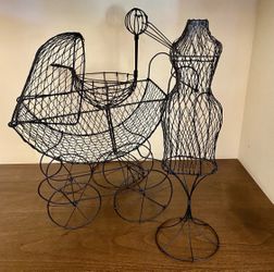 Black Wire Baby Shower Decor Set, Baby Stroller, Stork and Pregnant Woman