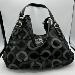 COACH Madison Tote Black Canvas Blue Sateen Interior **Stained**