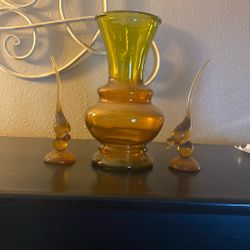 Vintage Amber Glass Vase & Bird