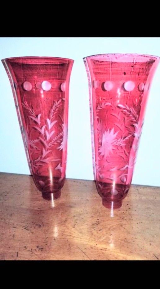 Antique Bohemian Cranberry Etched Glass Hurricane Torchiere Lamp Shades