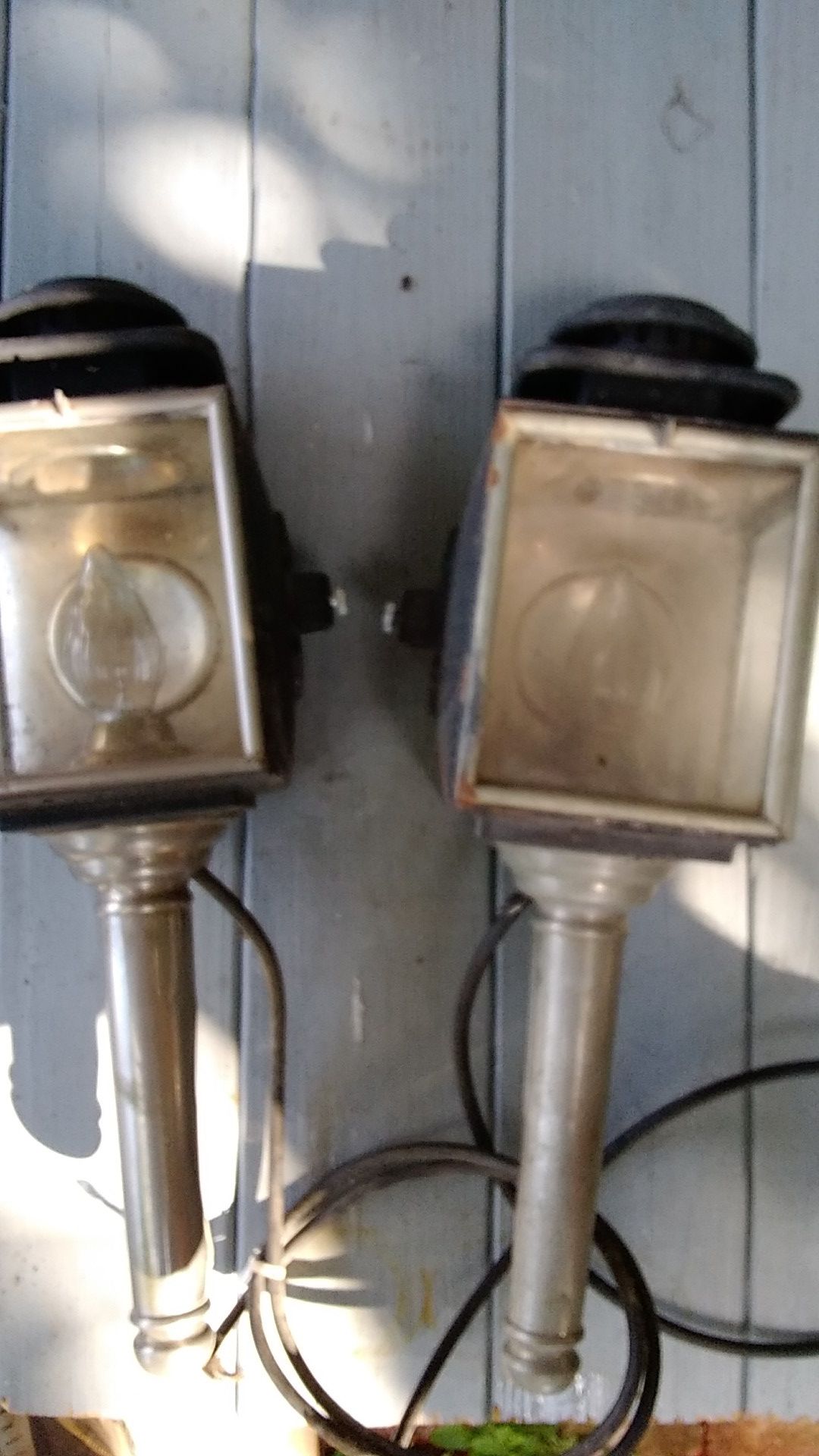 ANTIQUE AUTOMOBILE HEADLAMPS TURNED INTO PORCH LAMPS
