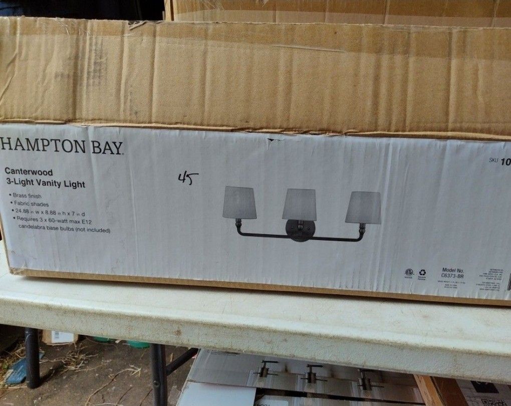 Hampton Bay Canterwood 3 Light Bathroom Vanity Light Fixture In Light Brass With Fabric Shades, Few Available 