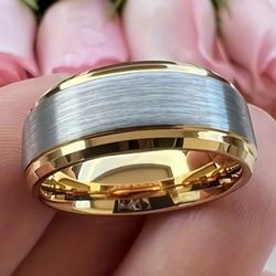 Men's 8mm Tungsten Brushed Silver With Gold Stepped Edges Comfort-Fit Engagement Wedding Band 10