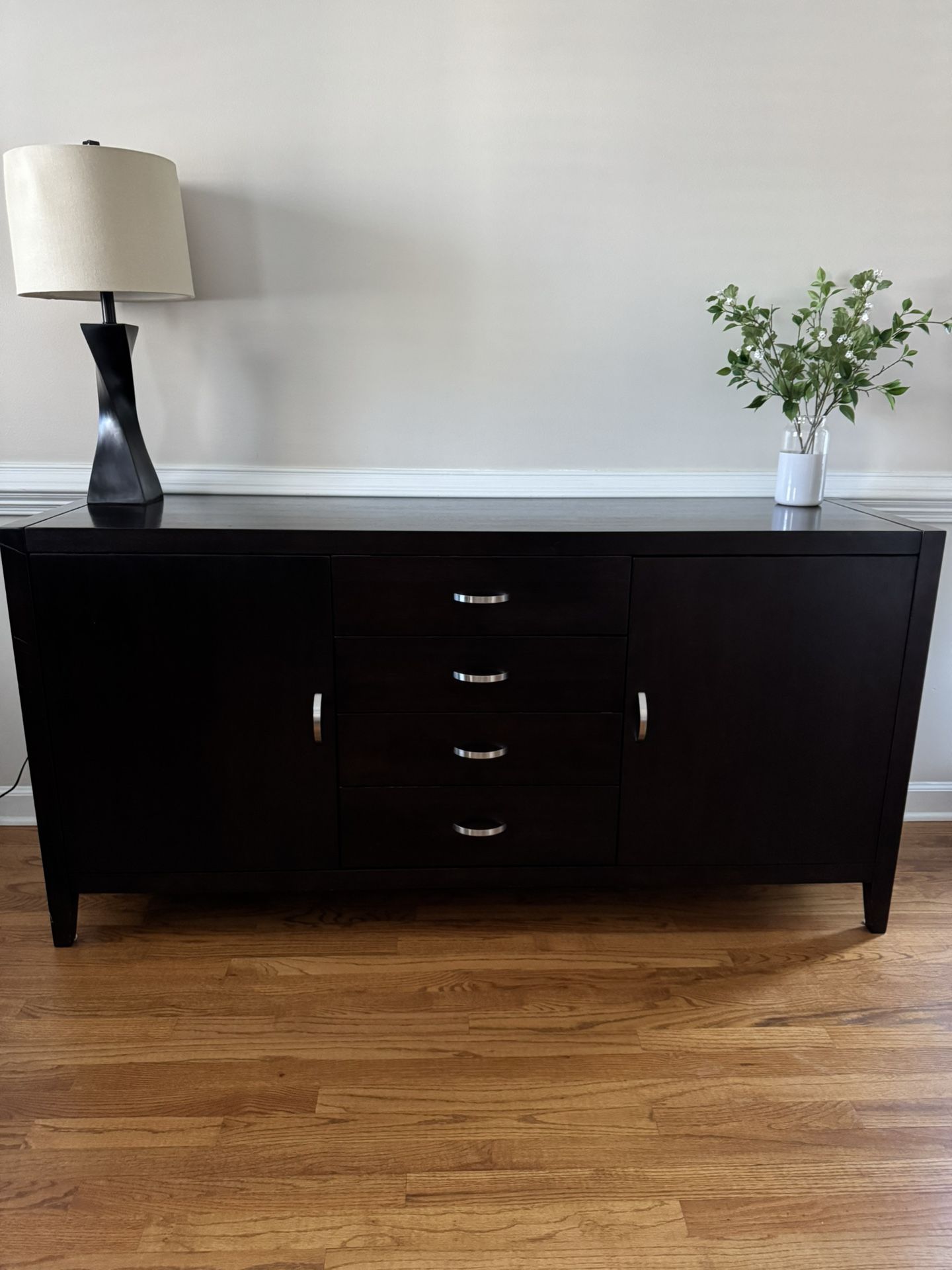 Dark Wood Console Cabinet with Shelves and Drawers 