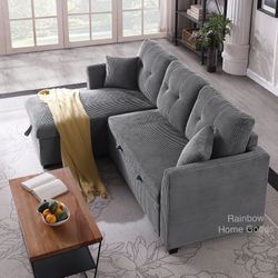 Corduroy Sleeper Pull Out Sofa Bed Sectional Couch with Reversible Storage Chaise