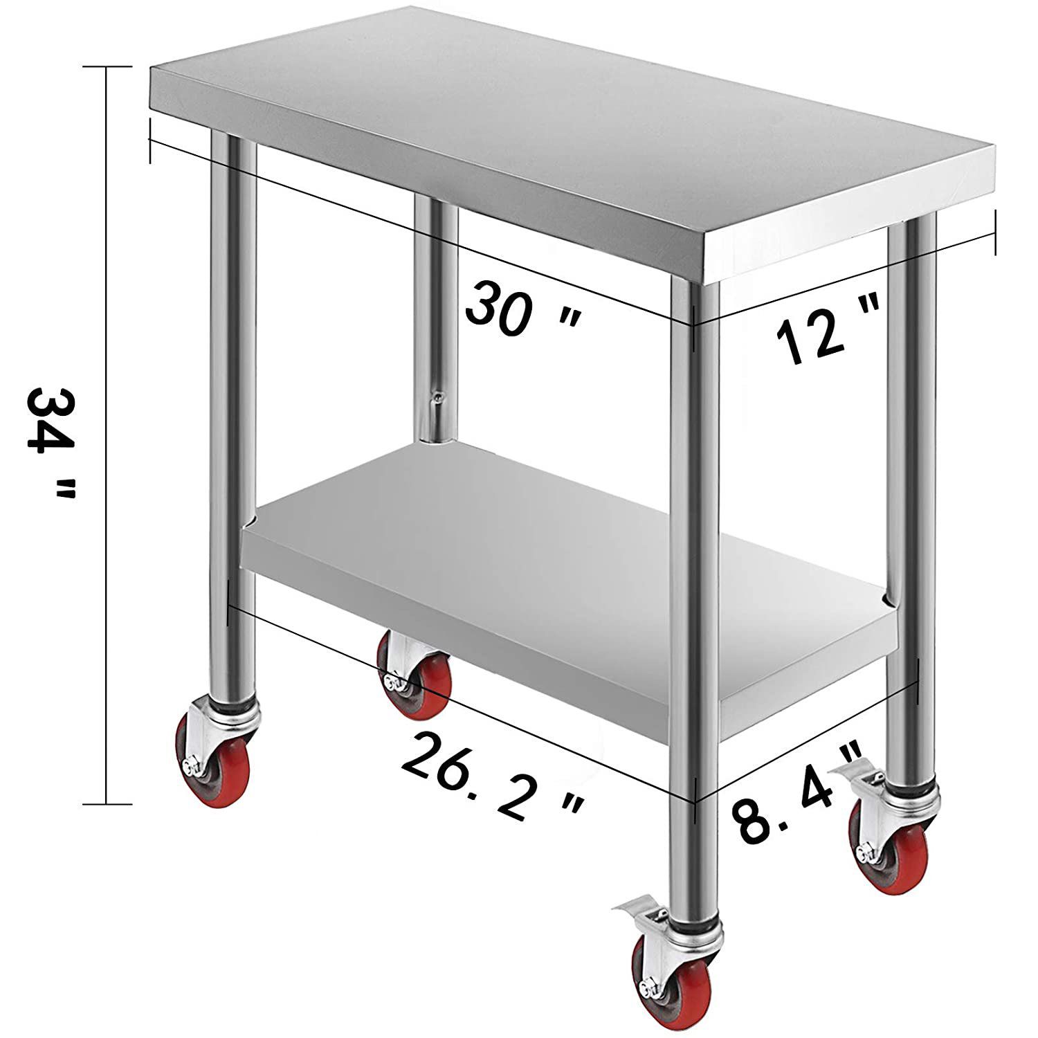 VEVOR 30x12x34 Inch Stainless Steel Work Table 3 Stage Adjustable Shelf with 4 Red Wheels